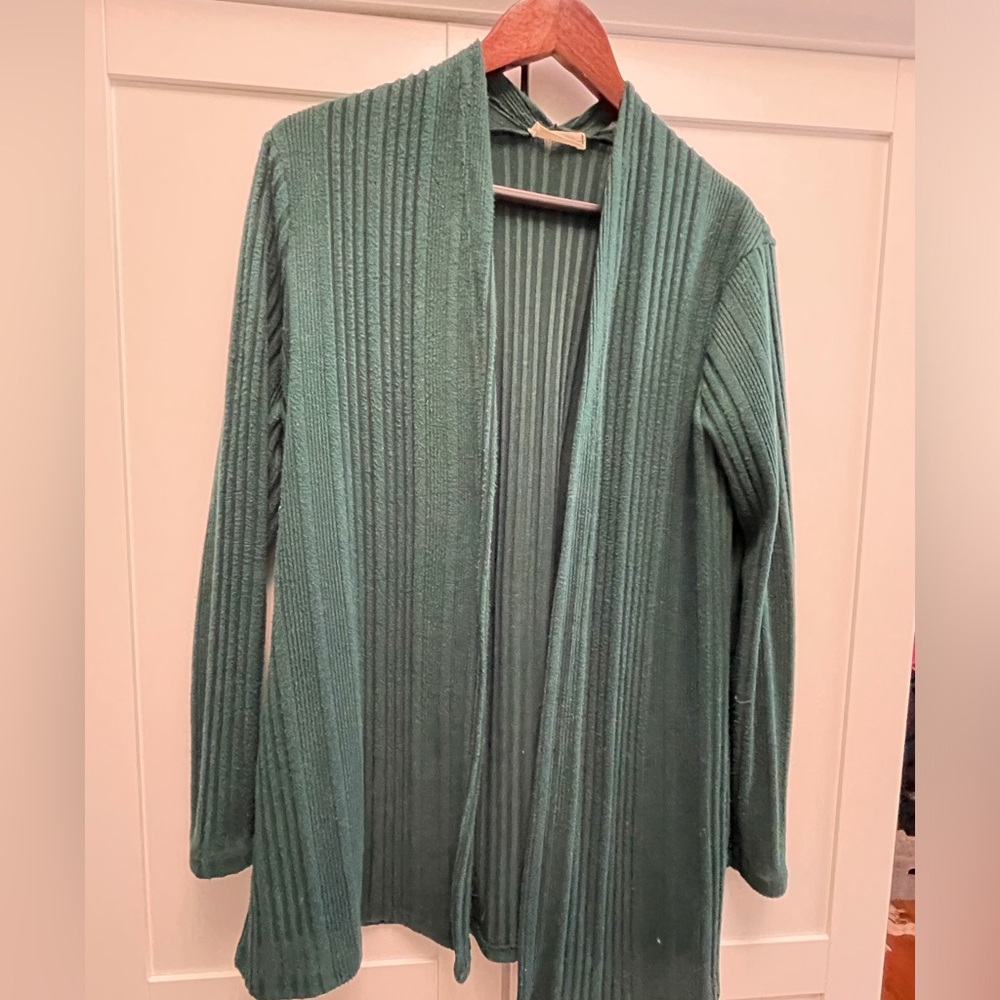 Green Ribbed Open Front Sweater
